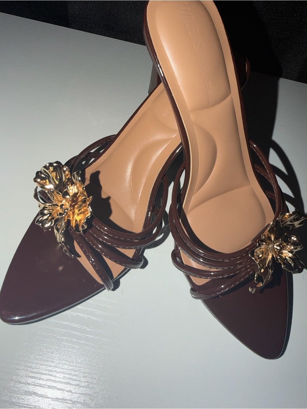 Women's Dark Brown Pointed Slip-On Sandals with Gold Flower Accent